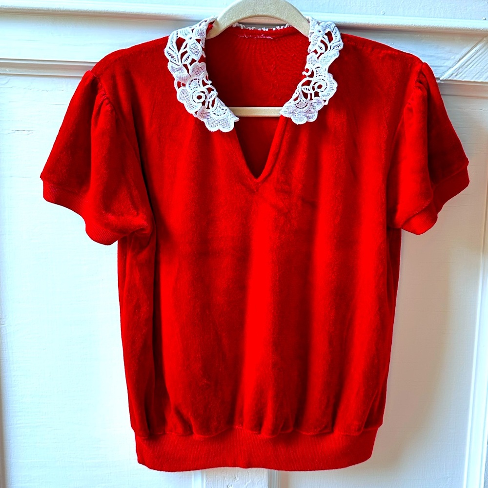 Super vintage  cherry red velvet short sleeved v neck shirt